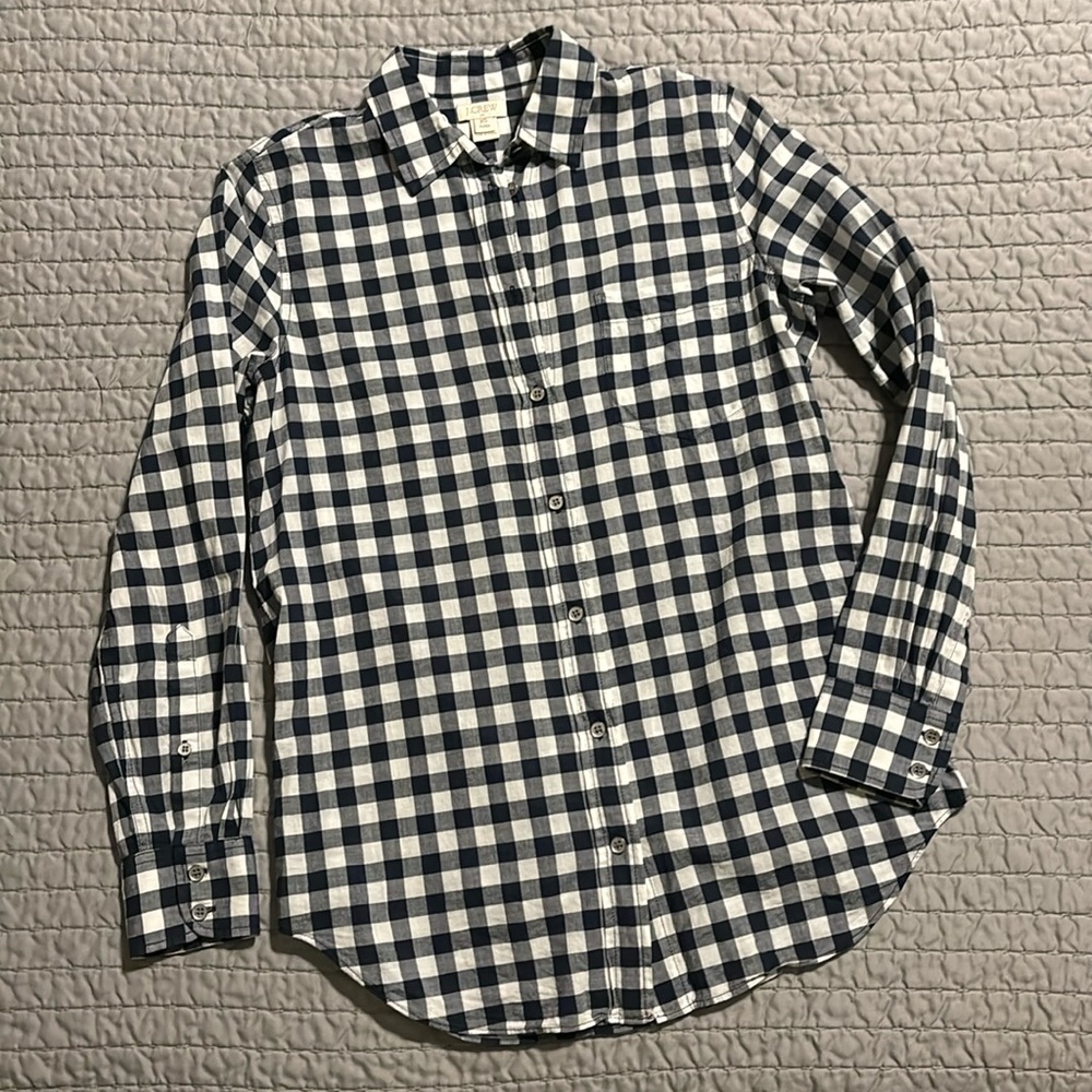 J.Crew Factory Dark Navy Gingham Print Shirt, XSP, EUC